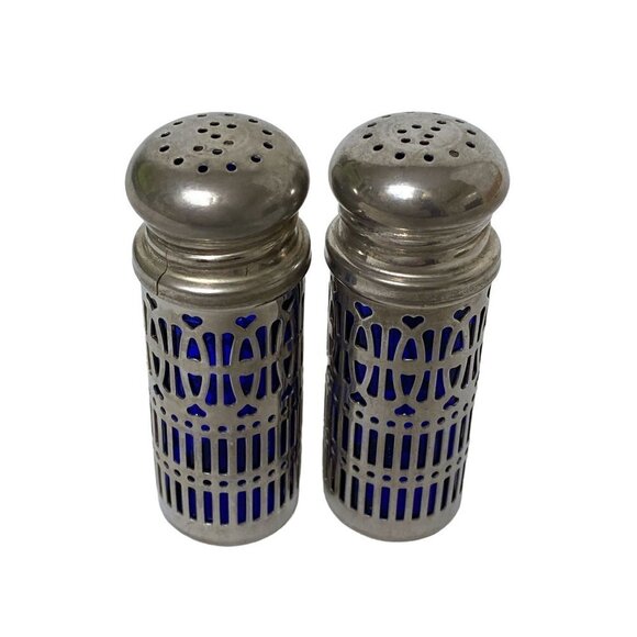 Vintage Salt and Pepper Shakers Blue Glass with Silvertone Overlay 2.75" high - Picture 3 of 8